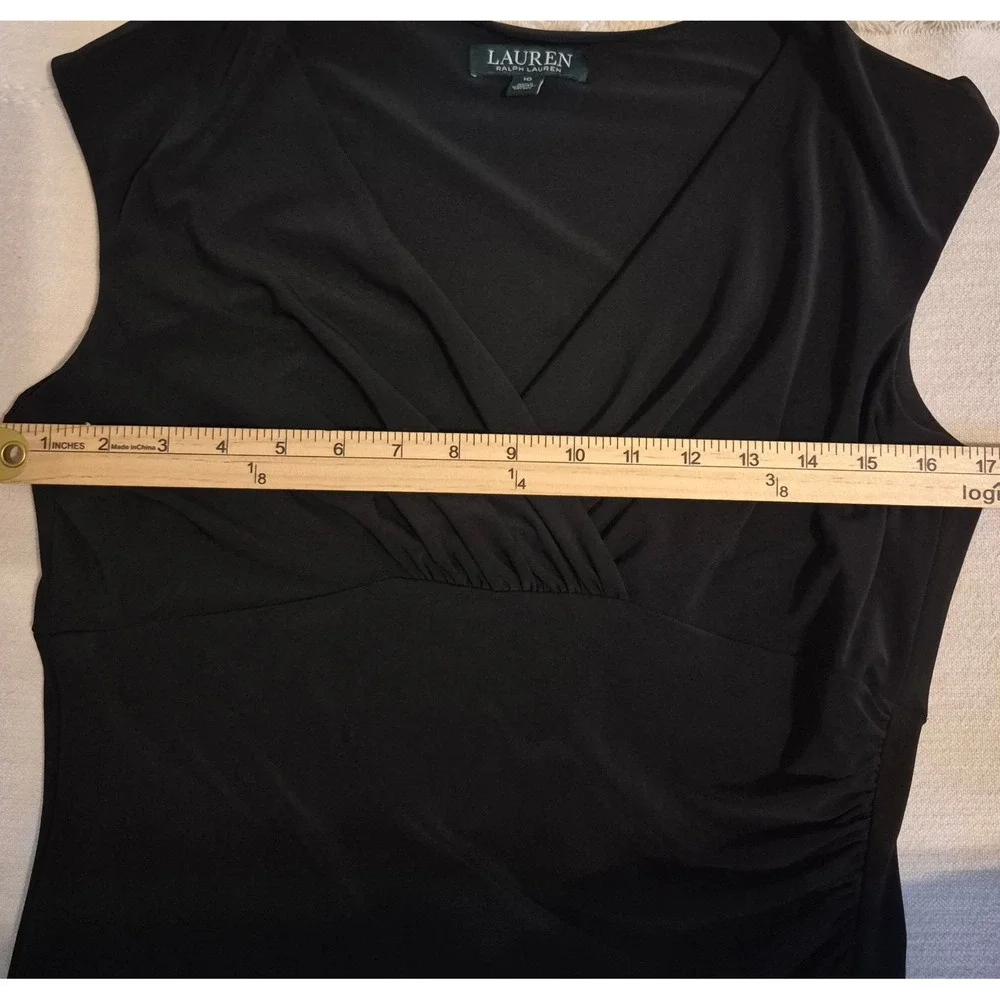 Lauren Ralph Lauren 10 Faux Wrap Black Midi Cocktail Dress Classic LBD Slimming